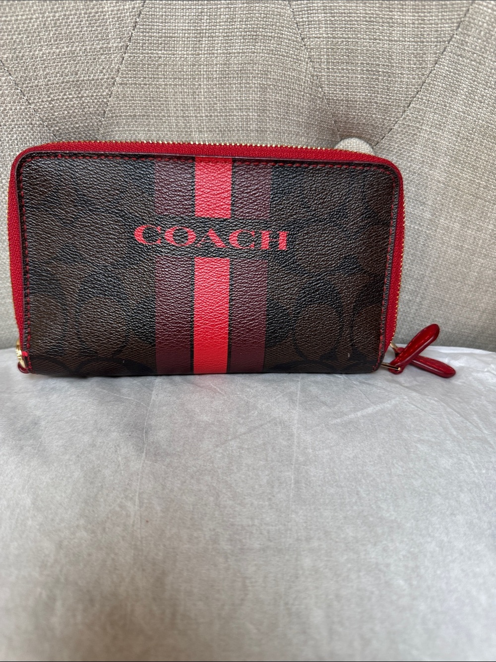 Coach Brown Signature Zip Wallet with Red Stripe Accent
